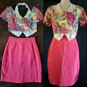 Vintage 80s Cline & Kolarek Two-Piece Skirt Set Bright Floral Halter‎ Vest Top 4